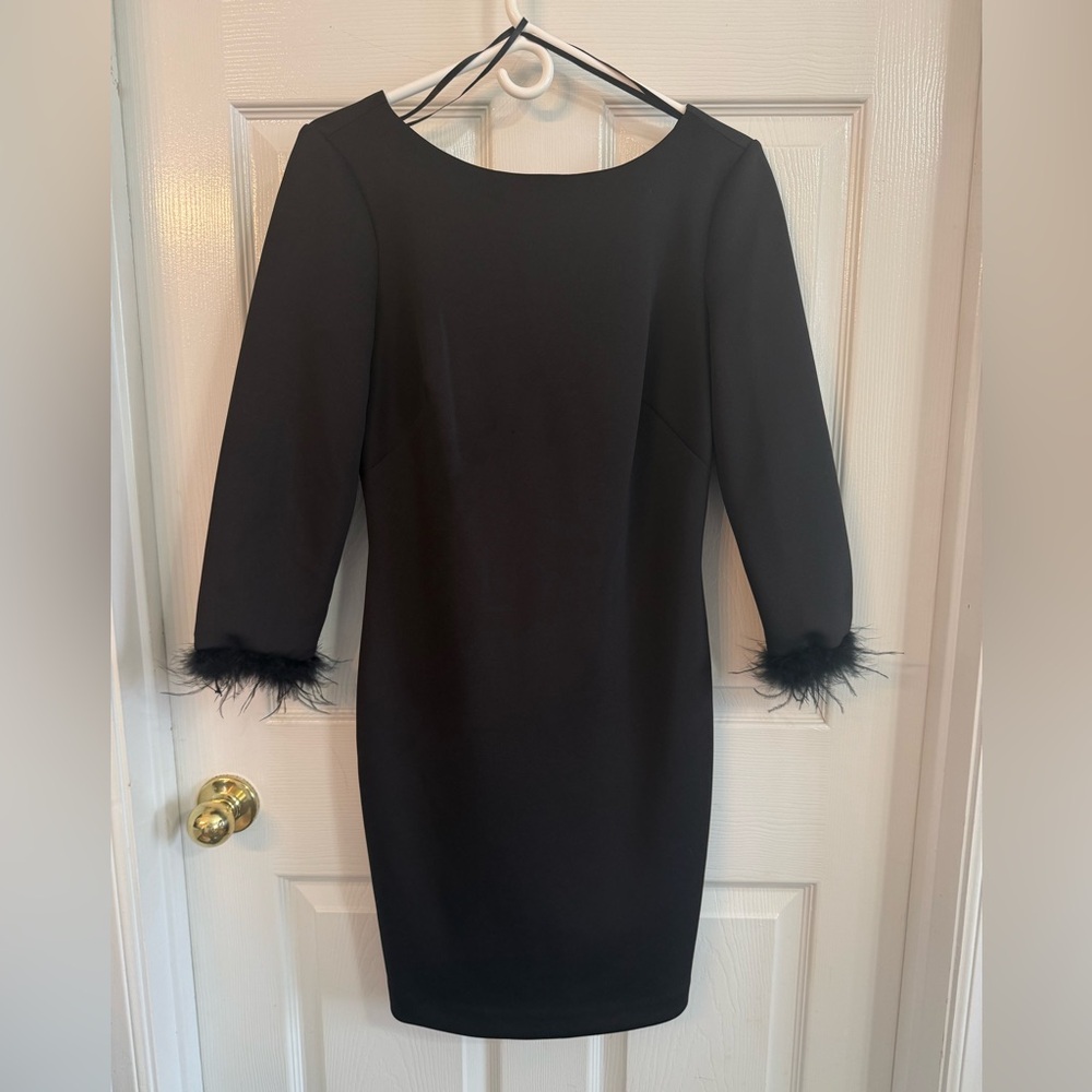 Eliza J Black Long Sleeves Feather Cuffs Cocktail Sheath Dress Size 6 Dressy